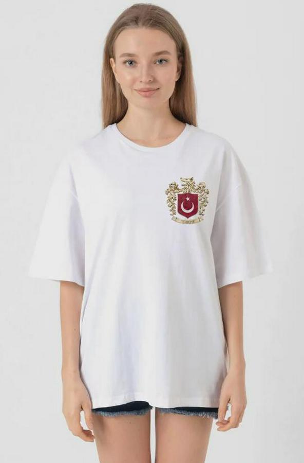 Türk Arma Baskılı Oversize Bisiklet Yaka Günlük T-Shirt