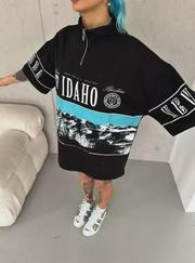 Unisex Baskılı Yarım Fermuarlı T-Shirt