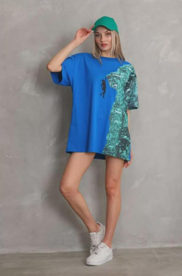 Unisex Bisiklet Yaka Baskılı Oversize T-Shirt