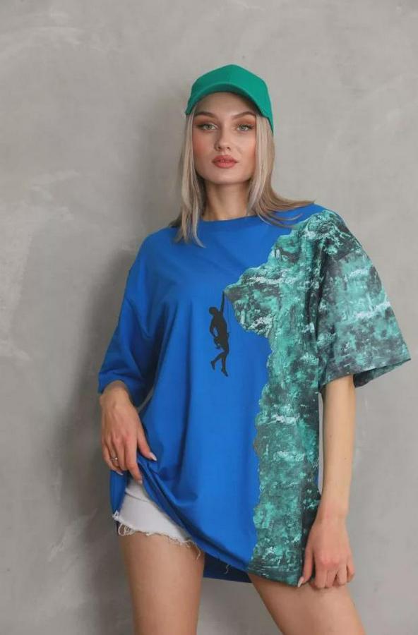 Unisex Bisiklet Yaka Baskılı Oversize T-Shirt