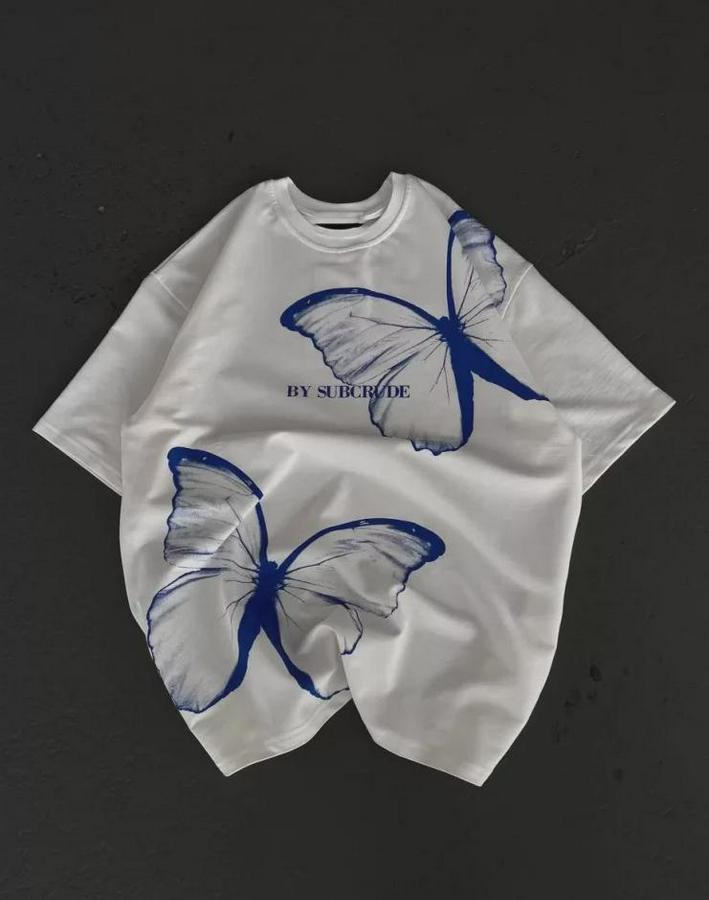 Unisex Bisiklet Yaka Baskılı Oversize T-Shirt