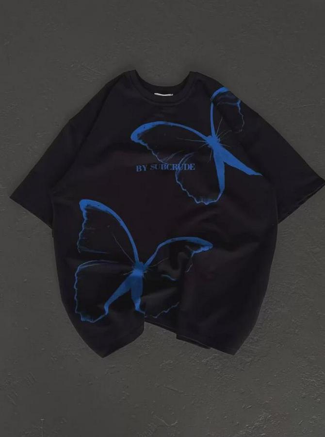 Unisex Bisiklet Yaka Baskılı Oversize T-Shirt