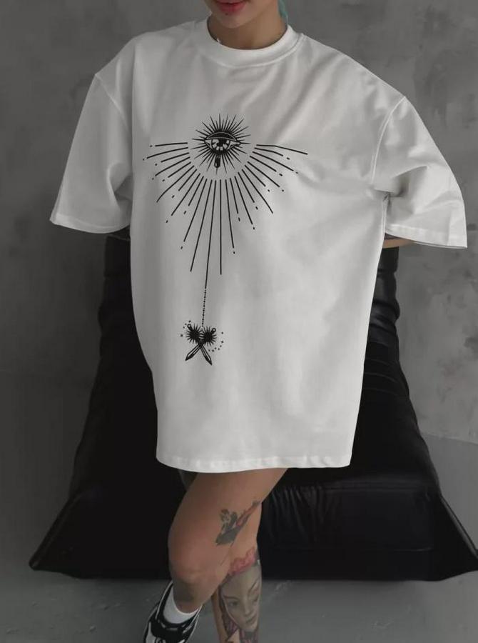 Unisex Bisiklet Yaka Baskılı Oversize T-Shirt