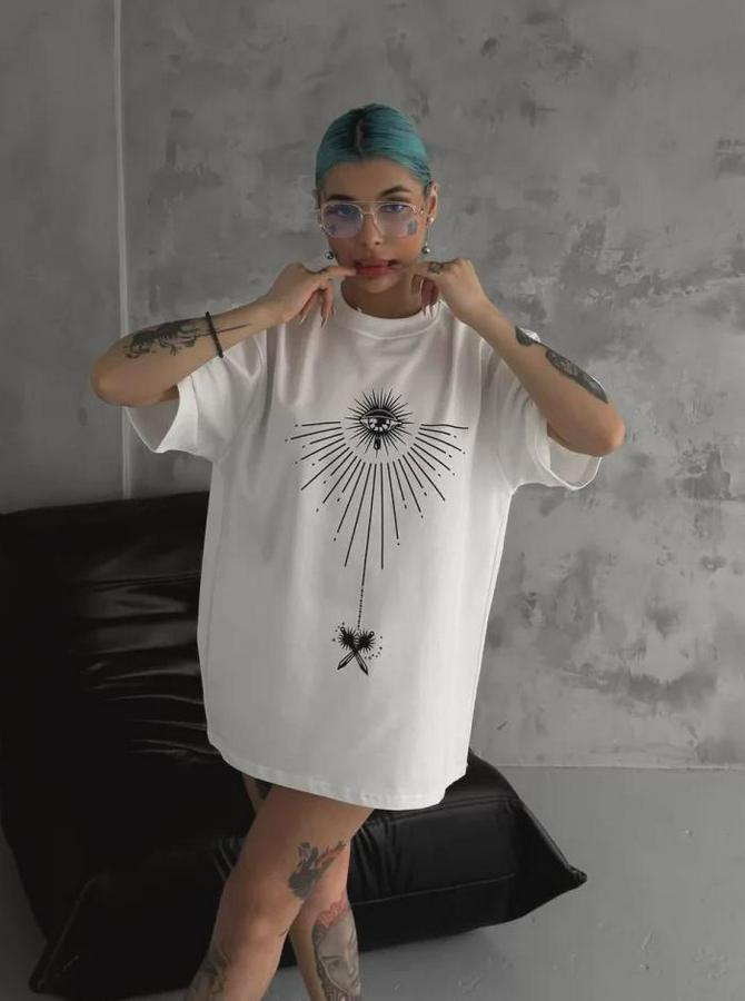 Unisex Bisiklet Yaka Baskılı Oversize T-Shirt