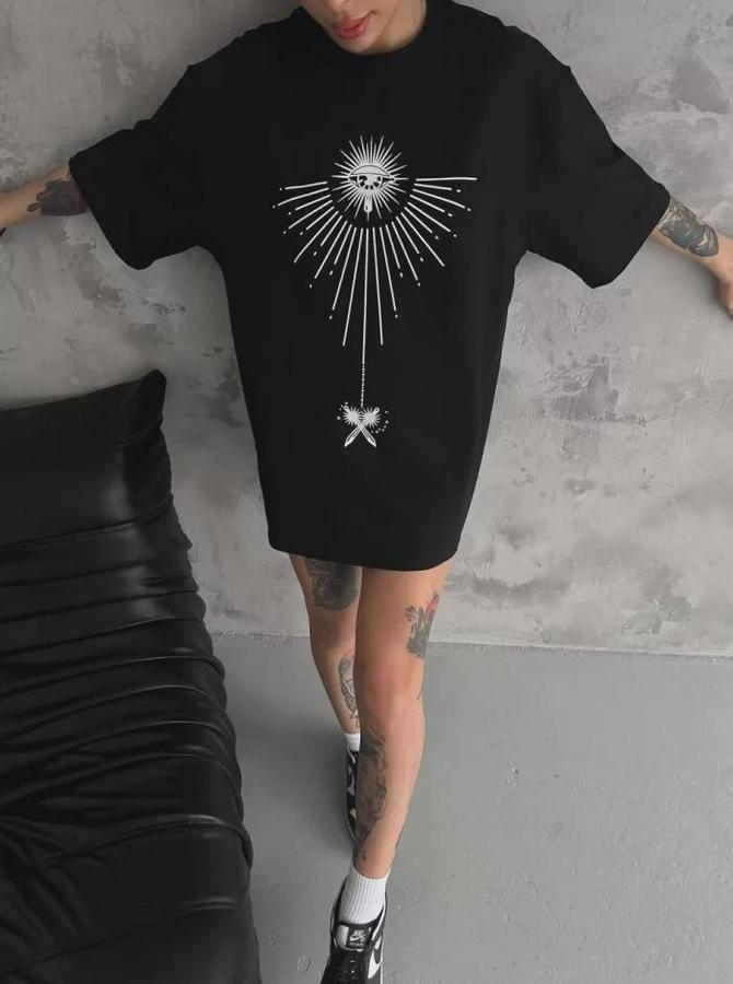 Unisex Bisiklet Yaka Baskılı Oversize T-Shirt