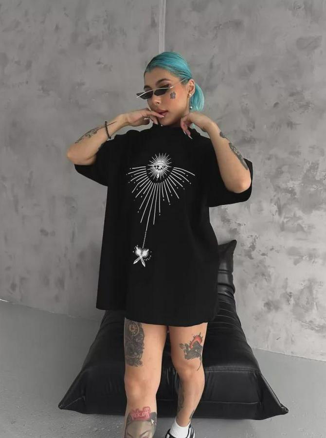 Unisex Bisiklet Yaka Baskılı Oversize T-Shirt