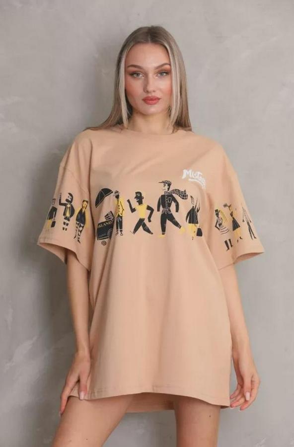 Unisex Bisiklet Yaka Baskılı Oversize T-Shirt