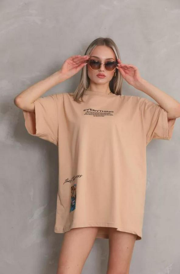 Unisex Bisiklet Yaka Baskılı Oversize T-Shirt