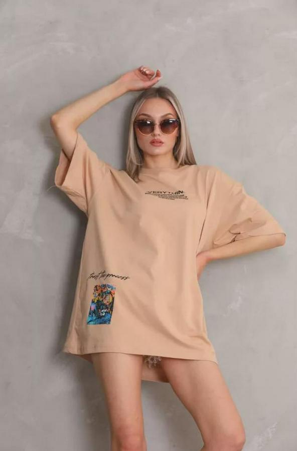 Unisex Bisiklet Yaka Baskılı Oversize T-Shirt