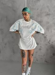 Unisex Bisiklet Yaka Baskılı Oversize T-Shirt
