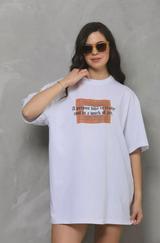 Unisex Bisiklet Yaka Baskılı Oversize T-Shirt