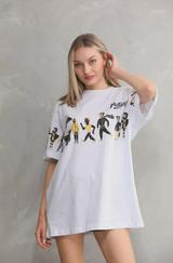 Unisex Bisiklet Yaka Baskılı Oversize T-Shirt