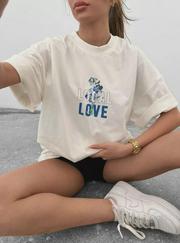 Unisex Bisiklet Yaka Baskılı Oversize T-Shirt