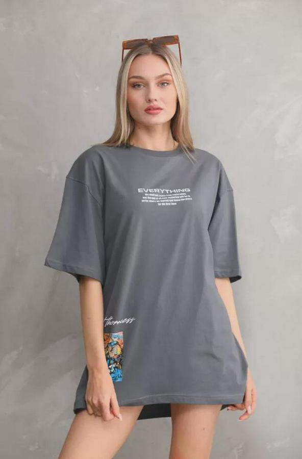 Unisex Bisiklet Yaka Baskılı Oversize T-Shirt