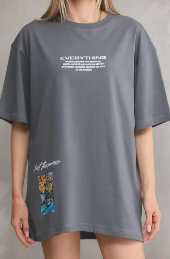 Unisex Bisiklet Yaka Baskılı Oversize T-Shirt