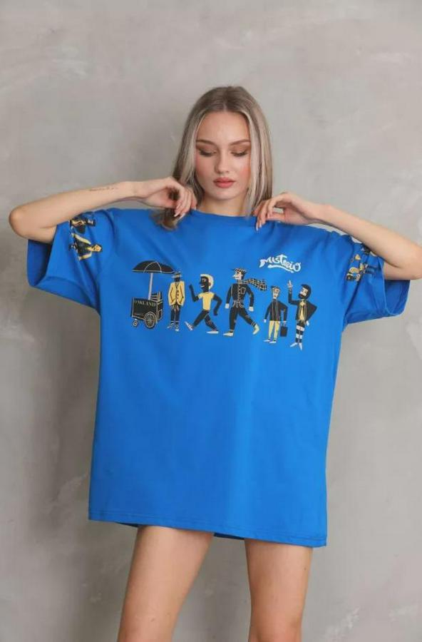 Unisex Bisiklet Yaka Baskılı Oversize T-Shirt