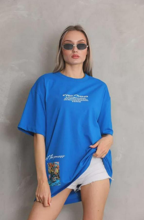 Unisex Bisiklet Yaka Baskılı Oversize T-Shirt