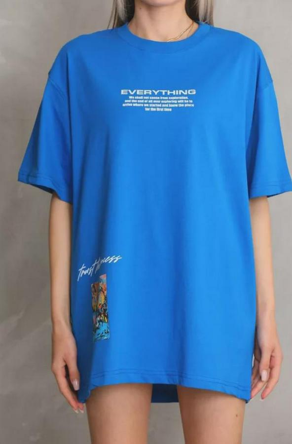 Unisex Bisiklet Yaka Baskılı Oversize T-Shirt