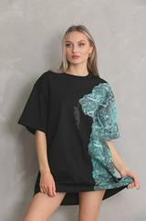 Unisex Bisiklet Yaka Baskılı Oversize T-Shirt
