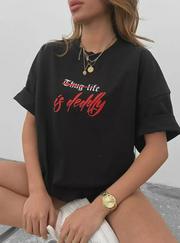 Unisex Bisiklet Yaka Baskılı Oversize T-Shirt