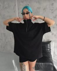 Unisex Yarım Fermuarlı Düz Oversize T-Shirt