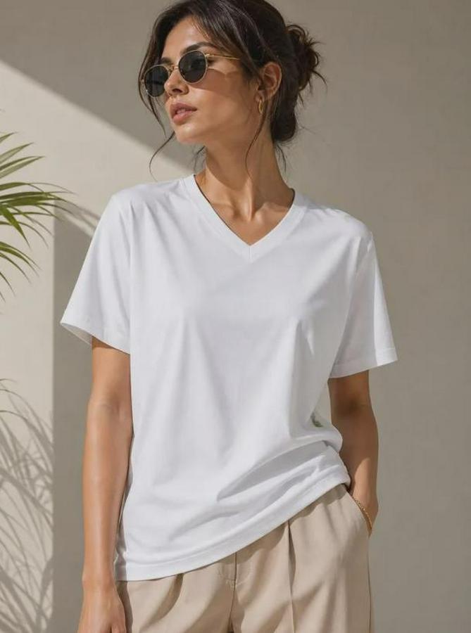 V Yaka Basic Tişört Kısa Kol Yazlık Regular Fit T-Shirt