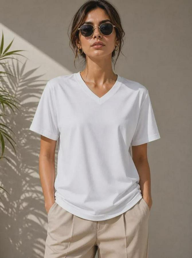 V Yaka Basic Tişört Kısa Kol Yazlık Regular Fit T-Shirt