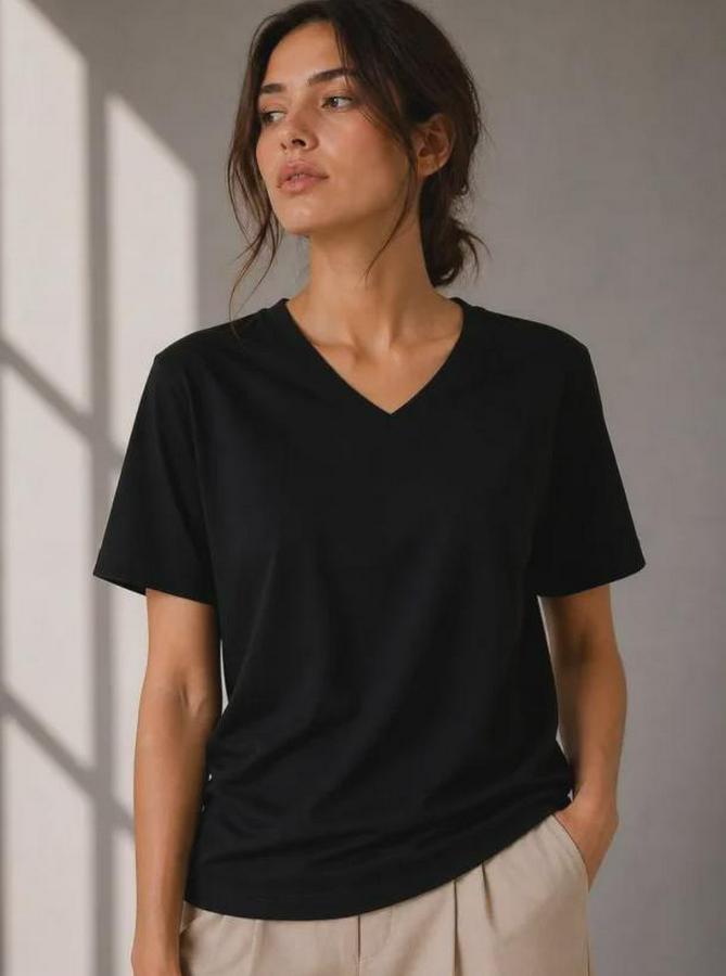 V Yaka Basic Tişört Kısa Kol Yazlık Regular Fit T-Shirt