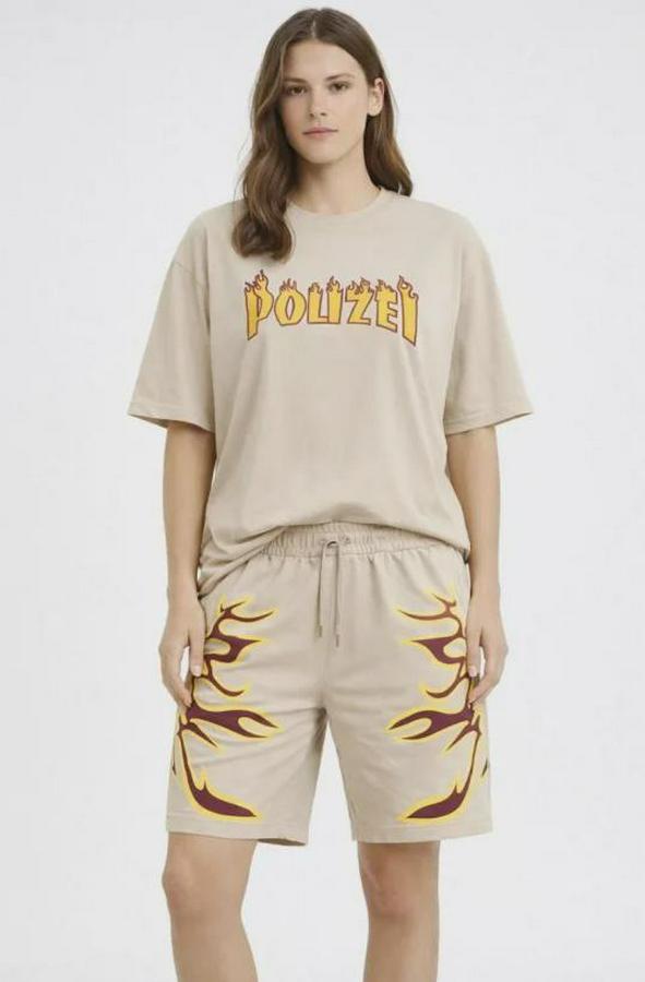 Bej Oversize Baskılı Tişört Şort Takım Cepli Şort Yazlık Rahat Günlük Kombin