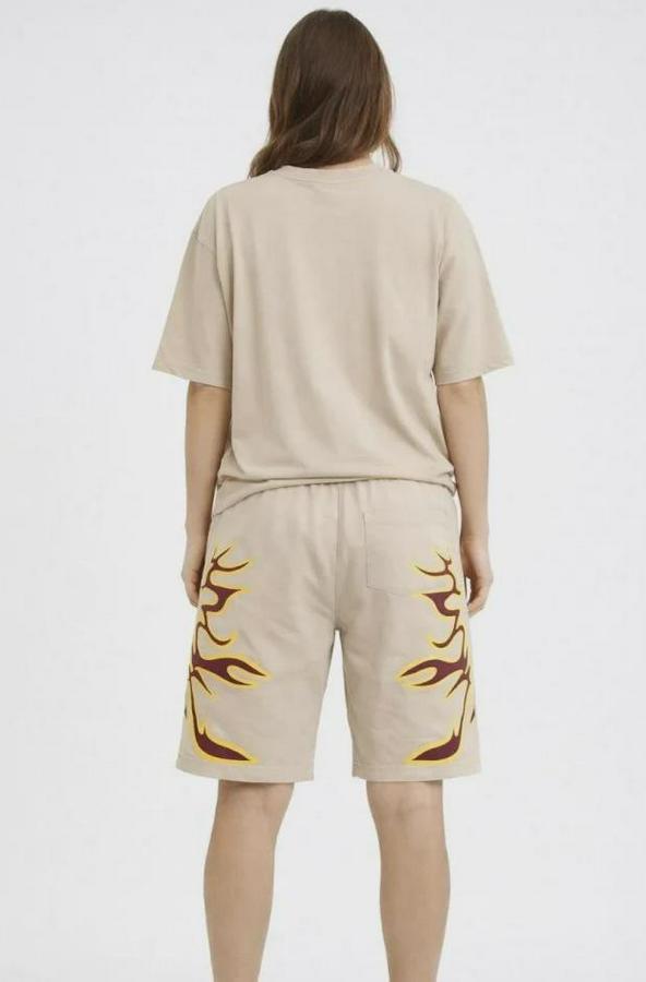 Bej Oversize Baskılı Tişört Şort Takım Cepli Şort Yazlık Rahat Günlük Kombin