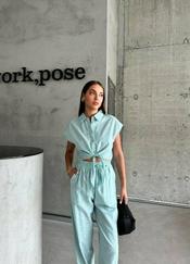 Çizgili Keten Kolsuz Crop Pantolon Takim