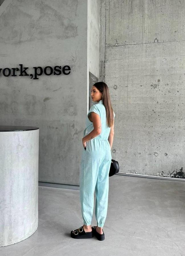 Çizgili Keten Kolsuz Crop Pantolon Takim