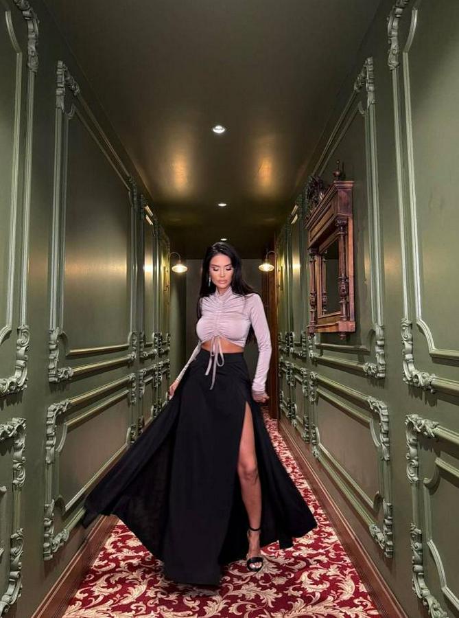 Asansör Büzgü Detay Krom Ve Derin Yırtmaçlı Maxi Boy Etek Ikili Takım