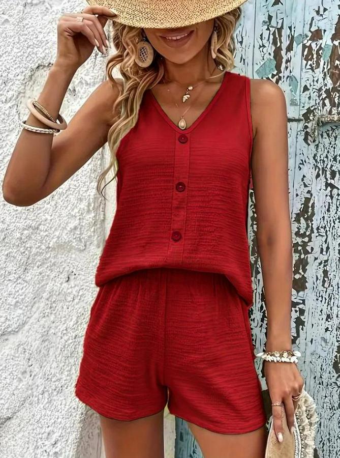 Askılı Kolsuz V Yakalı Önden Düğmeli Bürümcük Bluz Ve Short Ikili Takım