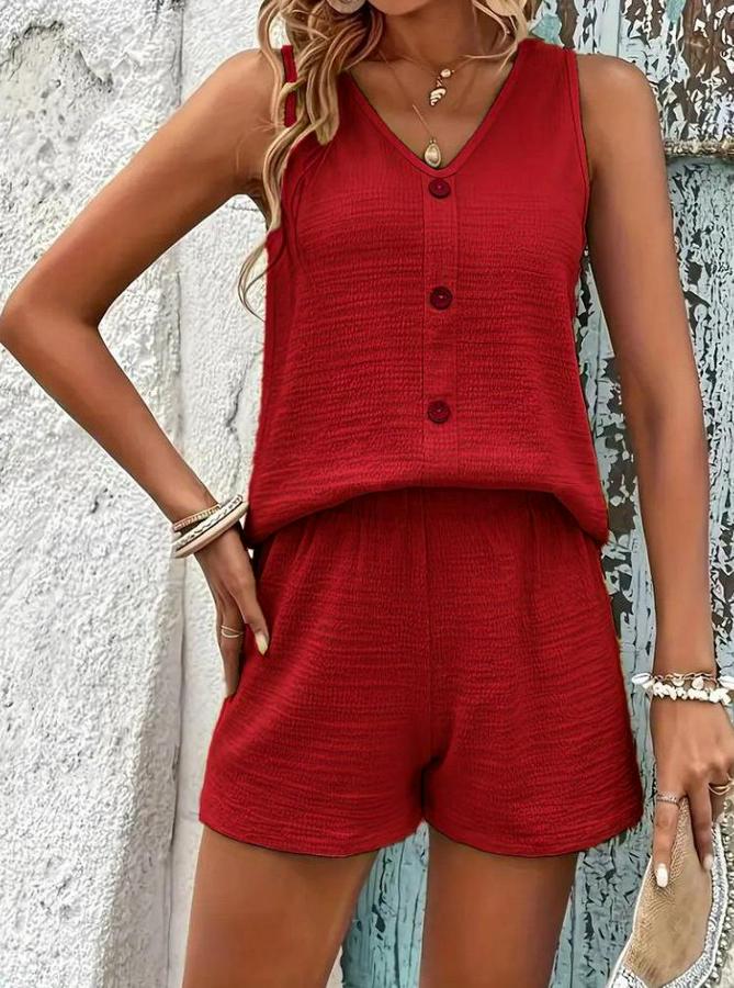 Askılı Kolsuz V Yakalı Önden Düğmeli Bürümcük Bluz Ve Short Ikili Takım