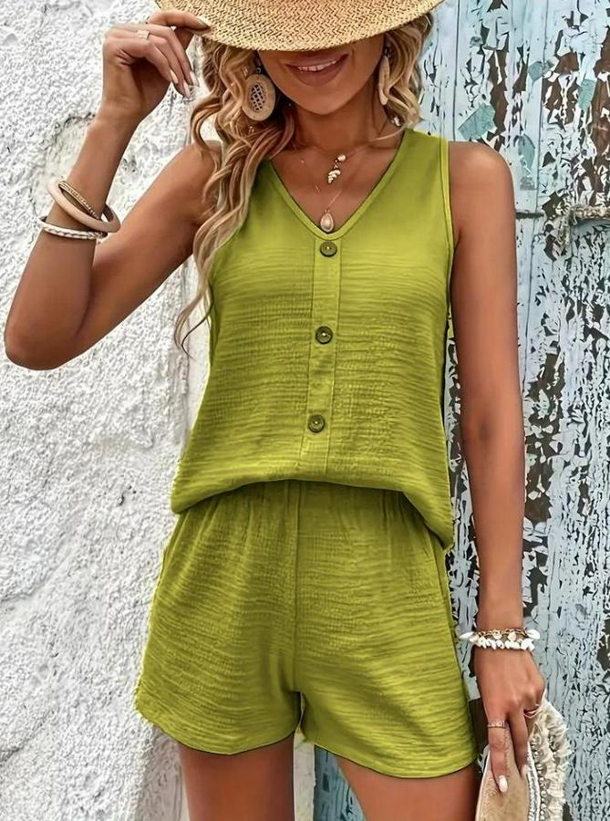 Askılı Kolsuz V Yakalı Önden Düğmeli Bürümcük Bluz Ve Short Ikili Takım