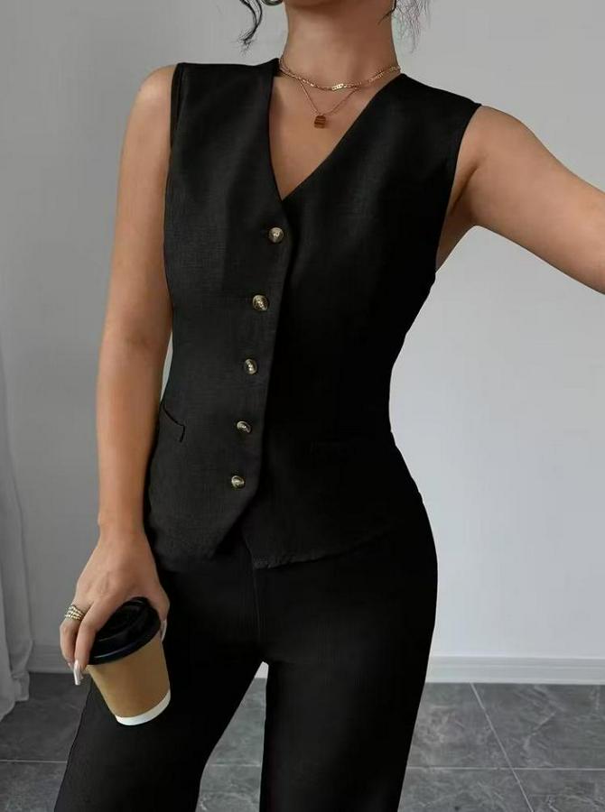 Askılı Önden Düğmeli Bluz Ve Pantolon Keten Ikili Takım