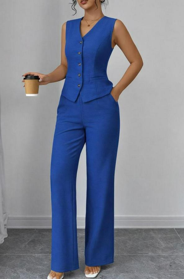 Askılı Önden Düğmeli Bluz Ve Pantolon Keten Ikili Takım