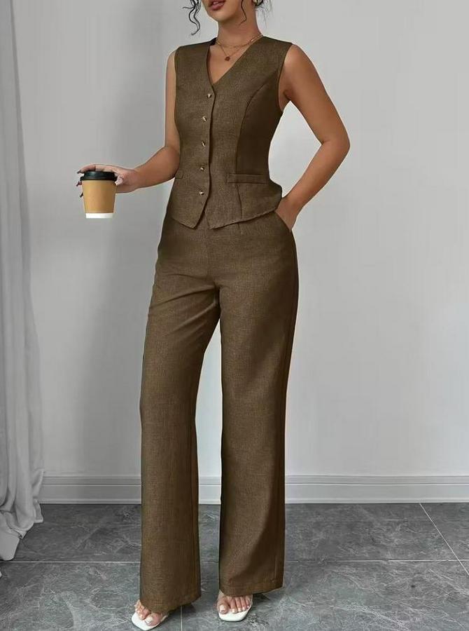 Askılı Önden Düğmeli Bluz Ve Pantolon Keten Ikili Takım
