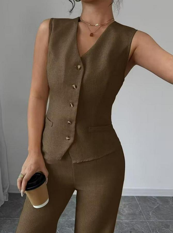 Askılı Önden Düğmeli Bluz Ve Pantolon Keten Ikili Takım