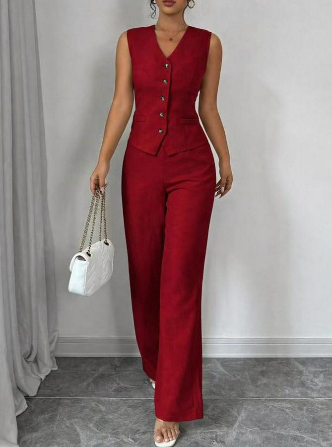 Askılı Önden Düğmeli Bluz Ve Pantolon Keten Ikili Takım