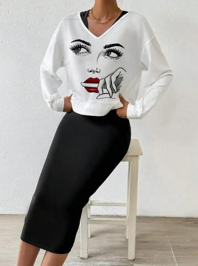 Askılı Yuvarlak Yaka Viskon Iki Iplik Elbise Ve V Yakalı Bluz Ikili Takım