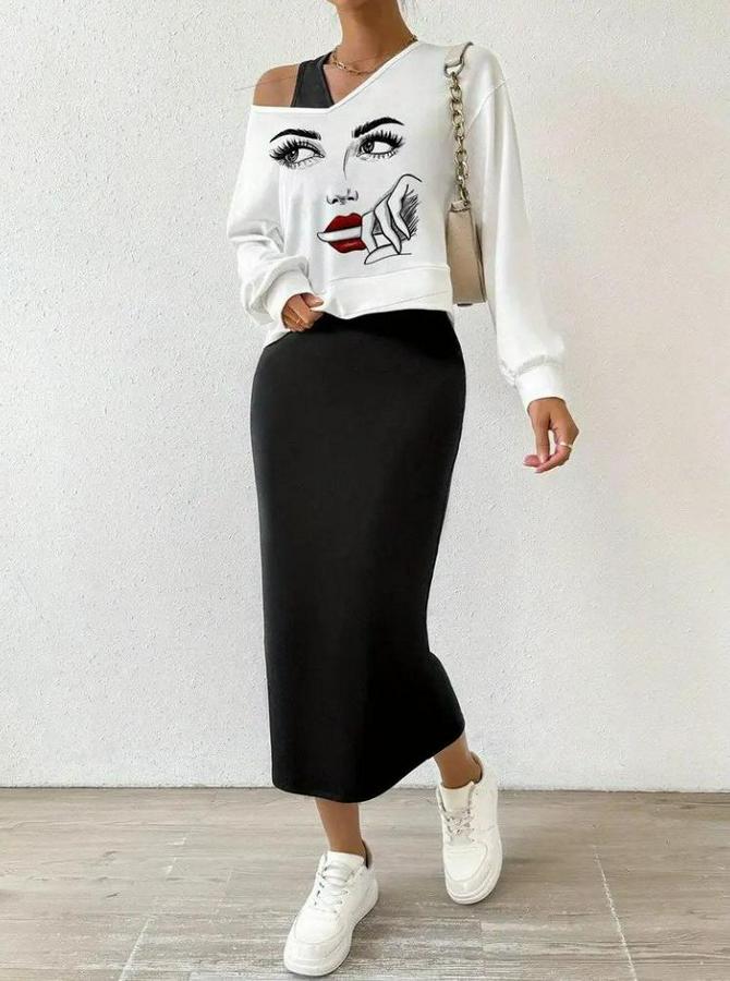 Askılı Yuvarlak Yaka Viskon Iki Iplik Elbise Ve V Yakalı Bluz Ikili Takım