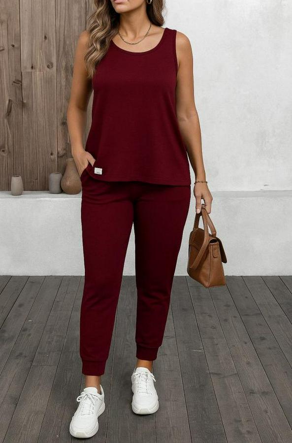 Askılı Yuvarlak Yaka Viskon Iki Iplik Bluz Ve Eşofman Altı Ikili Takım