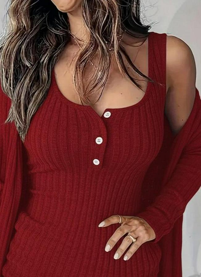 Askılı Yuvarlak Yakalı Önü Düğmeli Şardonlu Kaşkorse Mini Elbise Ve Kısa Ceket