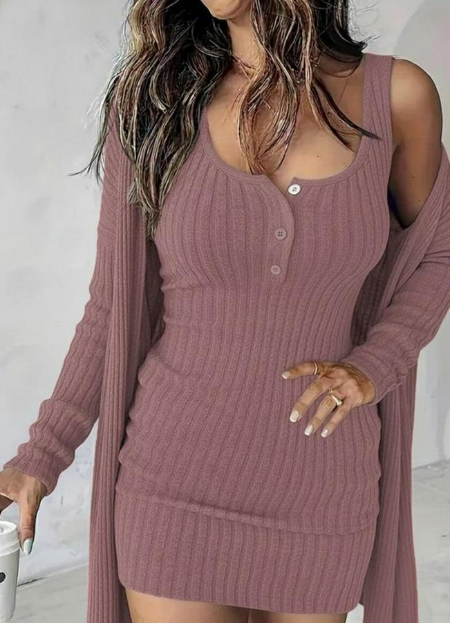 Askılı Yuvarlak Yakalı Önü Düğmeli Şardonlu Kaşkorse Mini Elbise Ve Kısa Ceket