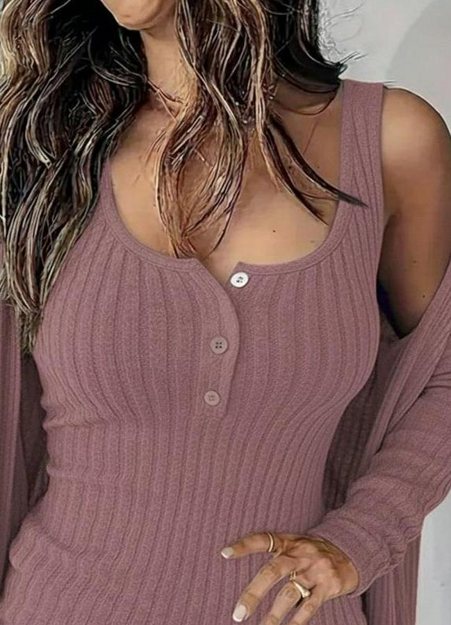 Askılı Yuvarlak Yakalı Önü Düğmeli Şardonlu Kaşkorse Mini Elbise Ve Kısa Ceket