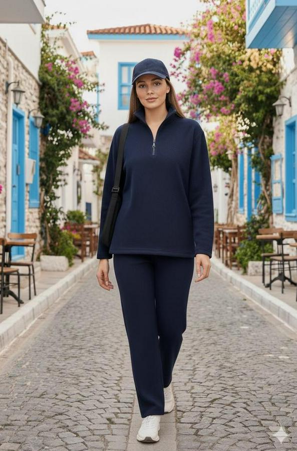 Balıkçı Yaka Fermuar Detay Polar Sweat Ve Pantolon Ikili Takım