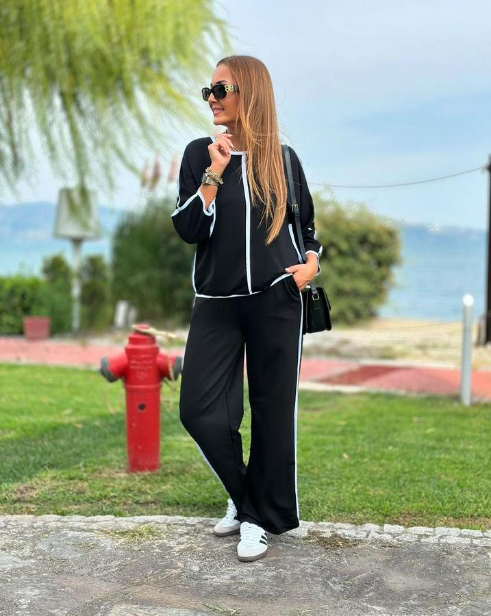 Bisiklet Yaka Fakir Kol Biye Detay Bluz Ve Yüksek Bel Lastikli Pantolon Ikili Takım