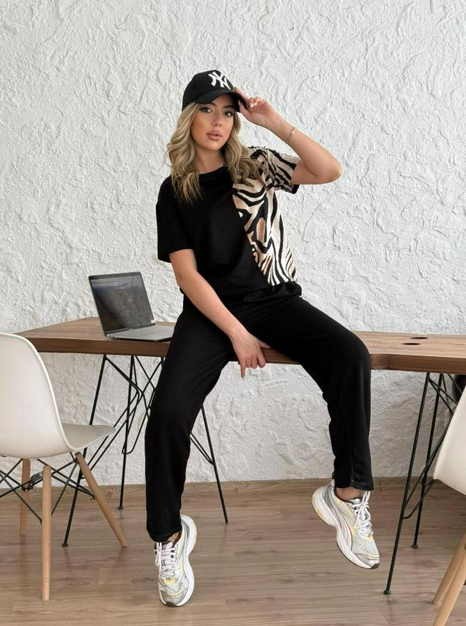 Bisiklet Yaka Kısa Kol Leopar Desen Bluz Ve Pantolon Ikili Takım